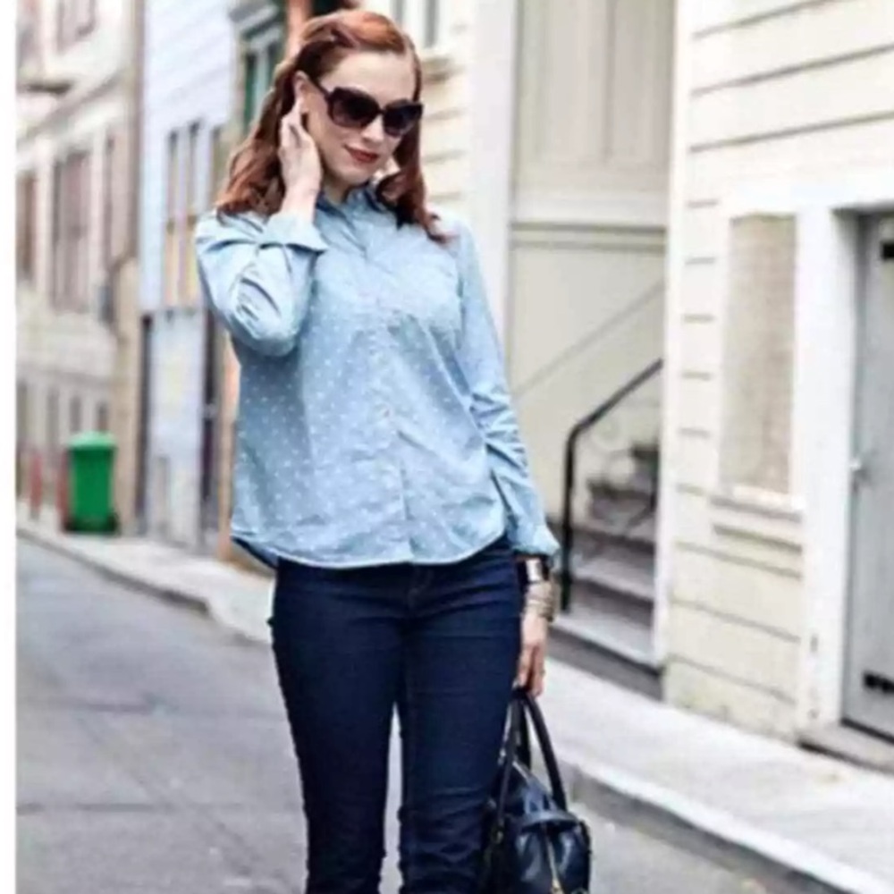Madewell blouse denim shirt button down long sleeve blue polka dot